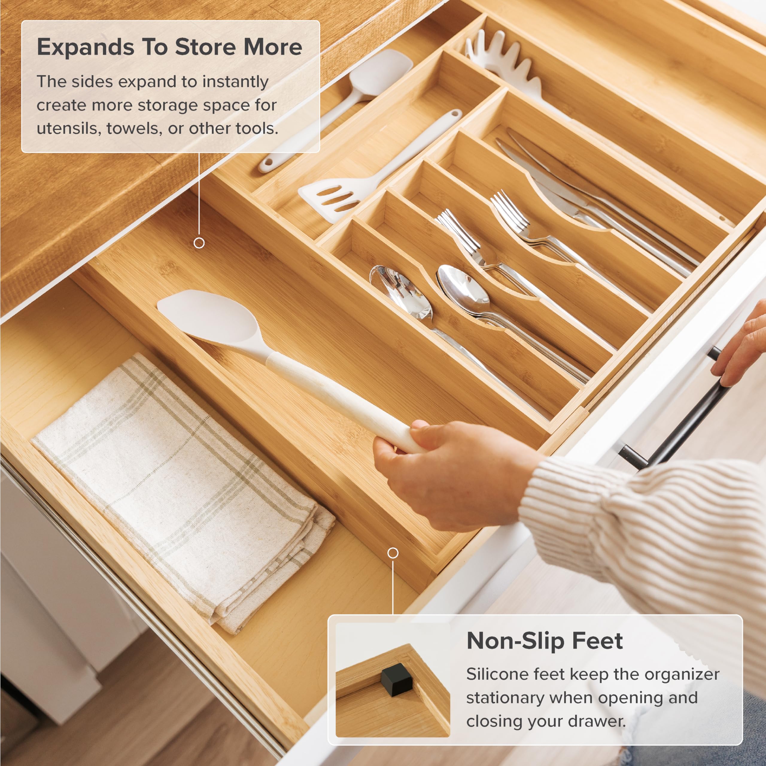 KitchenEdge anti-skid feet keep the organizer steady in the drawer.