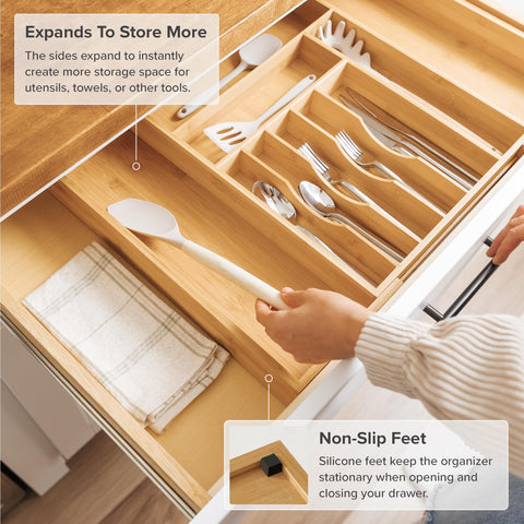 KitchenEdge anti-skid feet keep the organizer steady in the drawer.