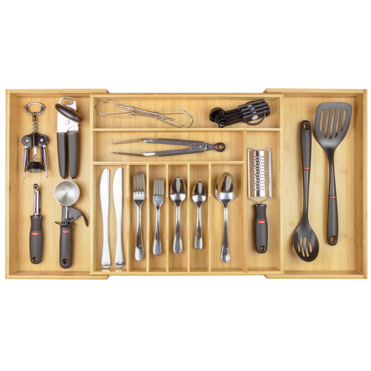 KitchenEdge premium bamboo flatware organizer in a closed drawer for neat separation.