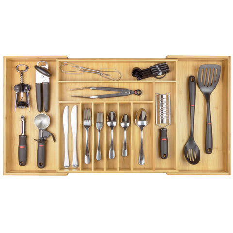 KitchenEdge premium bamboo flatware organizer in a closed drawer for neat separation.