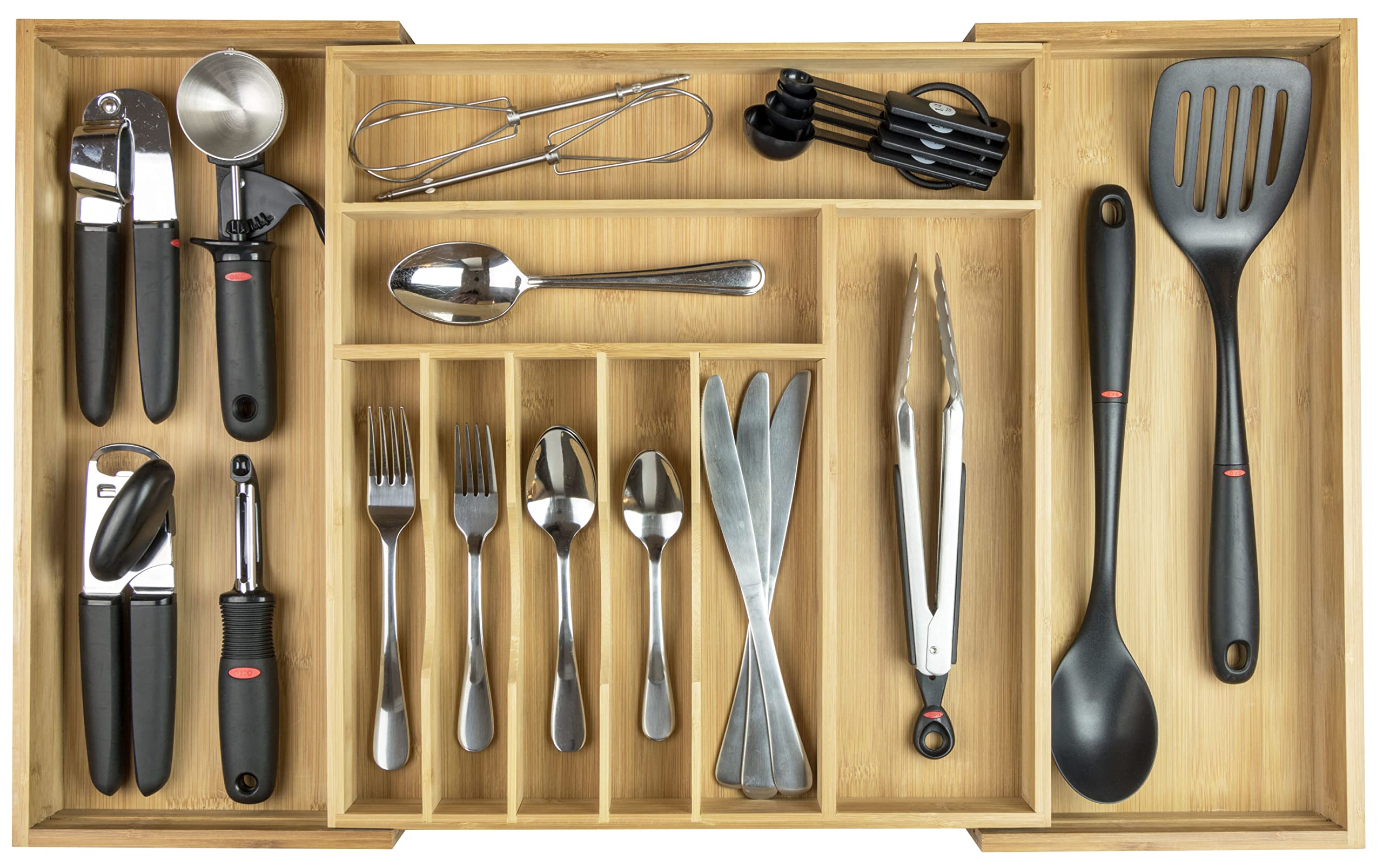 KitchenEdge premium silverware organizer in a drawer, full view with multiple compartments for easy access