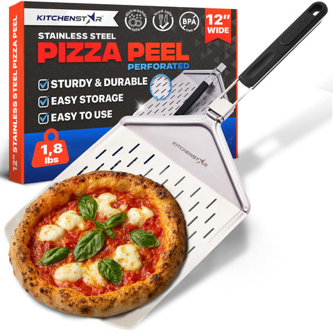 KitchenStar 12-inch perforated pizza peel with folding handle for easy, crispy-crust transfers.