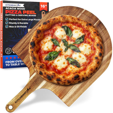 KitchenStar 16-inch acacia pizza peel with beveled edge for easy oven transfer