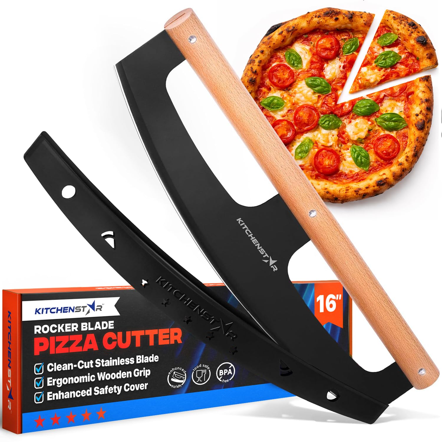 KitchenStar 16-Inch Pizza Cutter Rocker Blade with razor-sharp edge for effortless crust slicing.