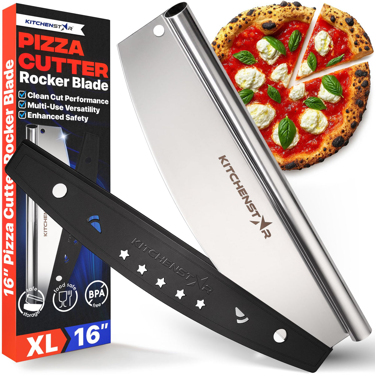 KitchenStar 16-inch pizza cutter rocker blade glides through crust for clean slices