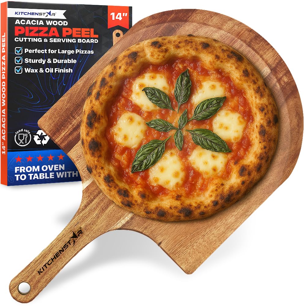 KitchenStar 14-Inch Acacia Pizza Peel with handle for smooth sliding