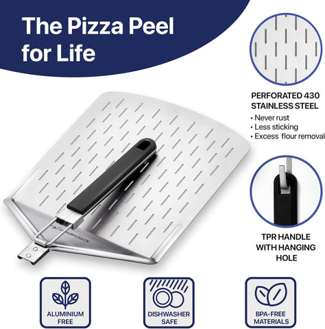 KitchenStar perforated surface close-up highlighting airflow under pizza for crisp crust.