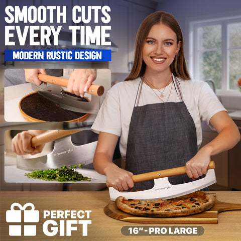 KitchenStar rocker with beech wood handle offers ergonomic control during slicing.