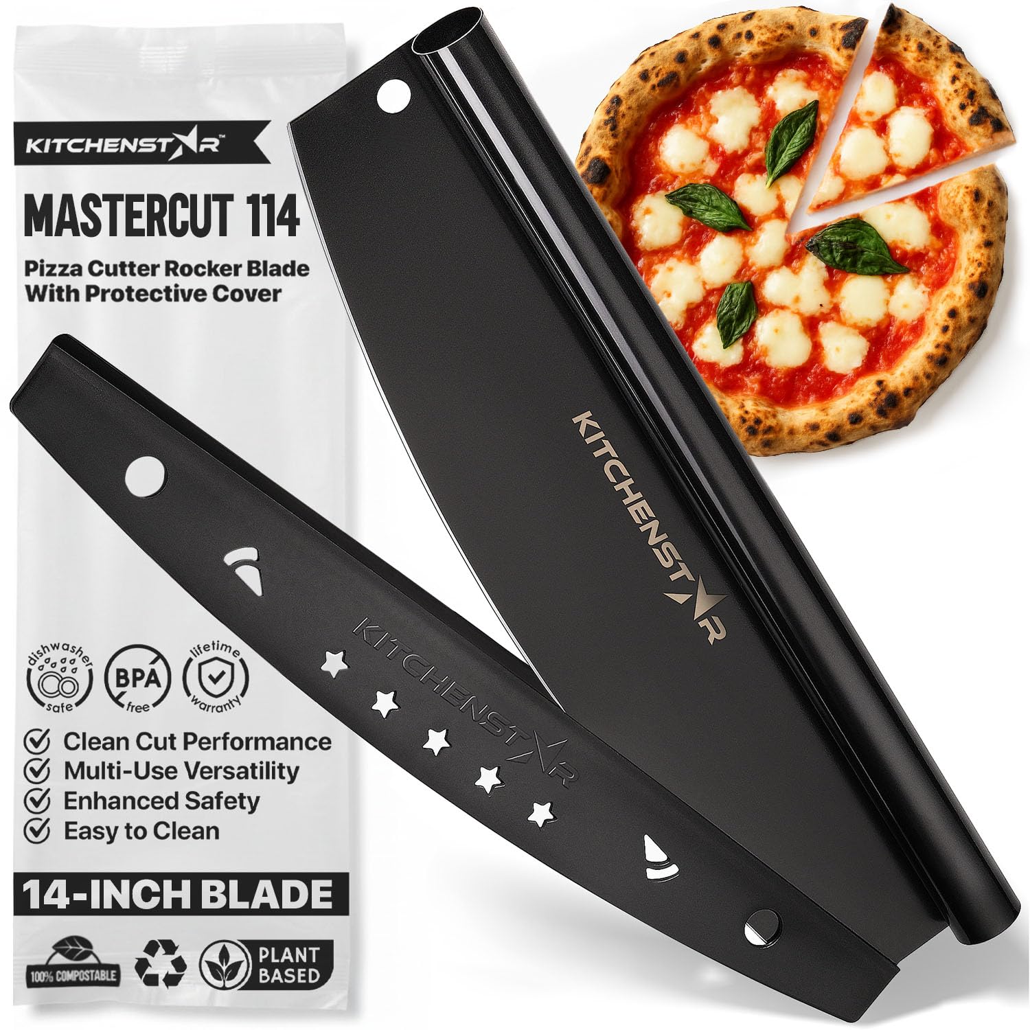KitchenStar 14-inch rocker blade slices pizza smoothly and evenly
