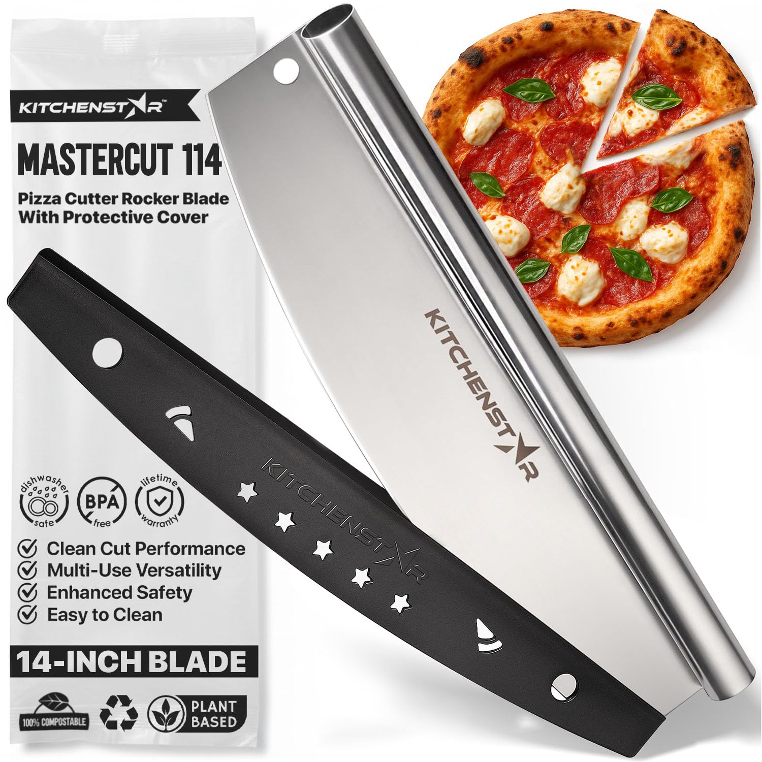 KitchenStar pizza cutter rocker blade: clean, precise slices with toppings preserved.