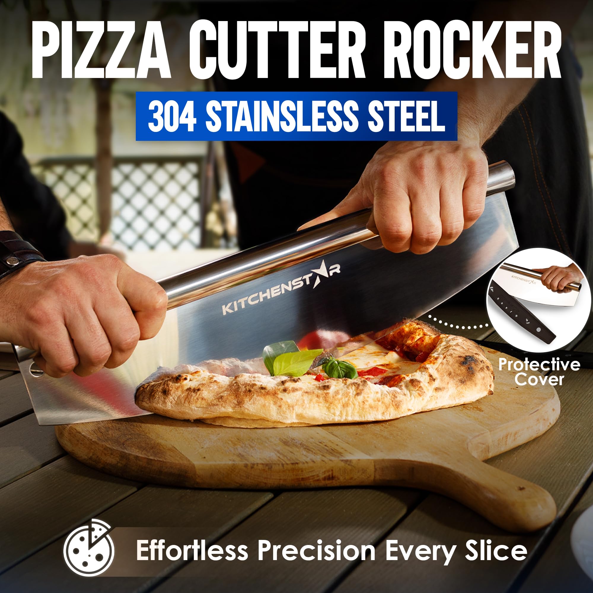 KitchenStar pizza cutter rocker offers smooth slices and tidy toppings.