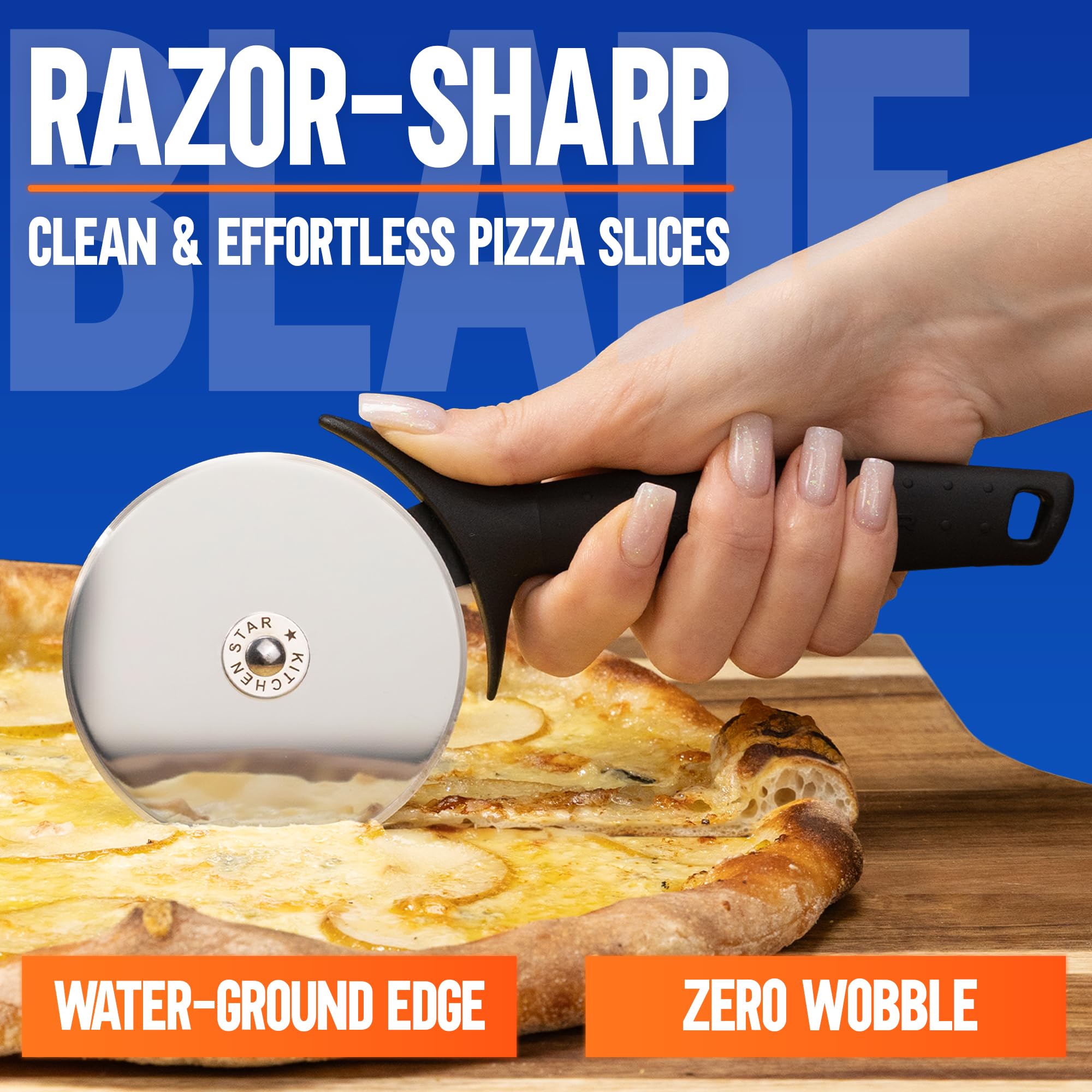 KitchenStar pizza cutter wheel anti wobble axle ensures smooth cuts