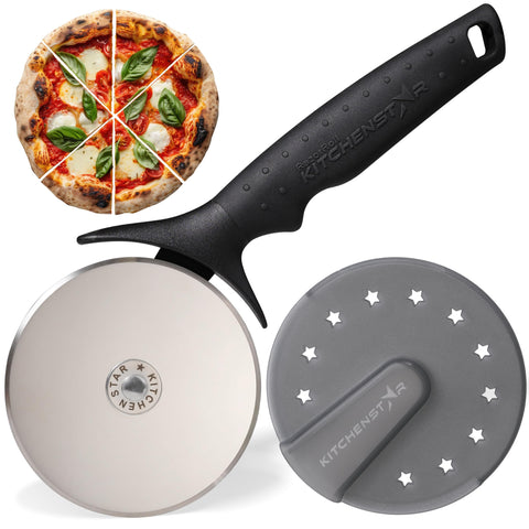 KitchenStar pizza cutter blade close-up highlighting the razor sharp edge for clean slices