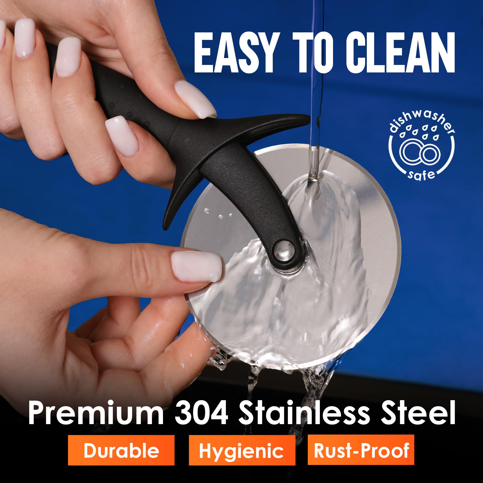 KitchenStar pizza cutter wheel in use slicing a cheese topped pizza