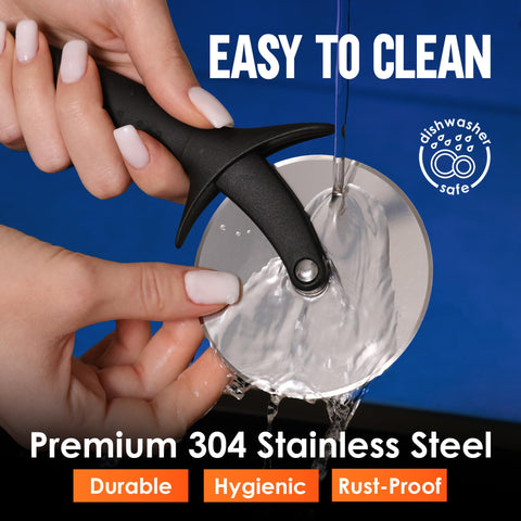 KitchenStar pizza cutter wheel in use slicing a cheese topped pizza