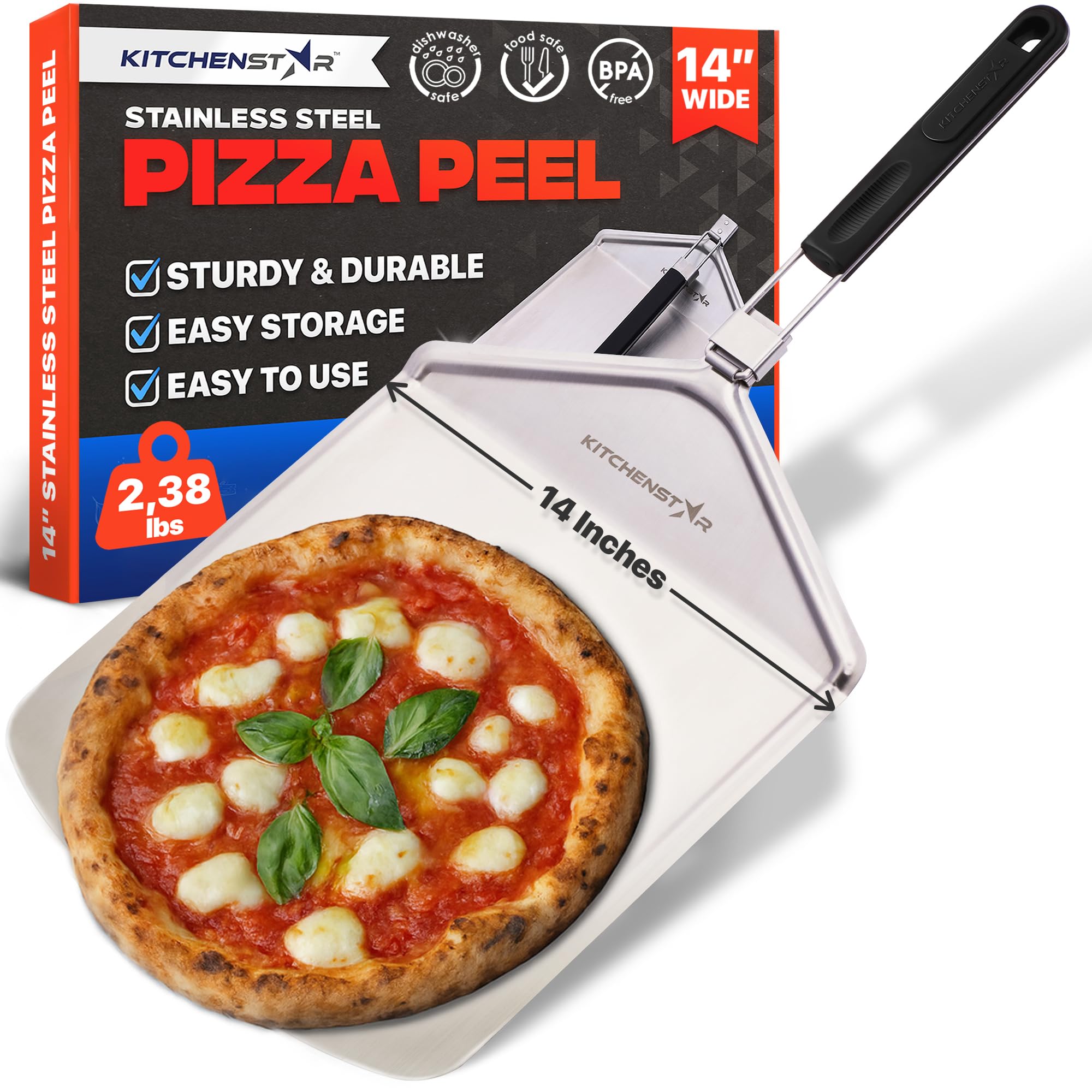 KitchenStar pizza peel with a 14-inch blade for effortless transfer.
