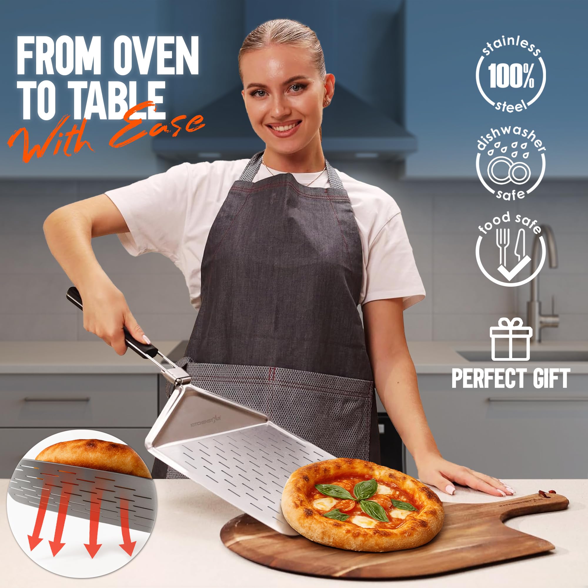 KitchenStar stainless steel pizza peel with folding handle for compact storage.