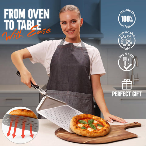 KitchenStar stainless steel pizza peel with folding handle for compact storage.