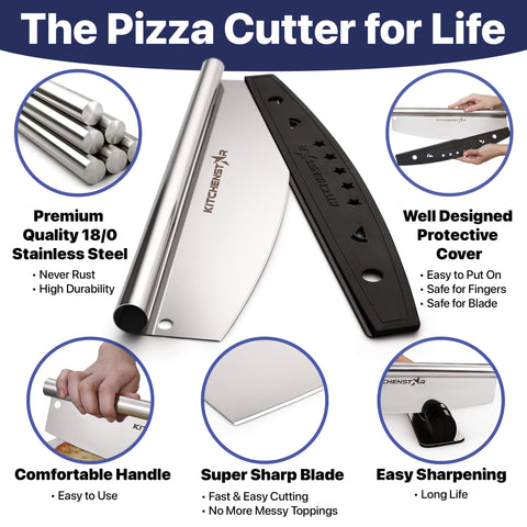 KitchenStar stainless steel pizza cutter resists rust and maintains sharpness