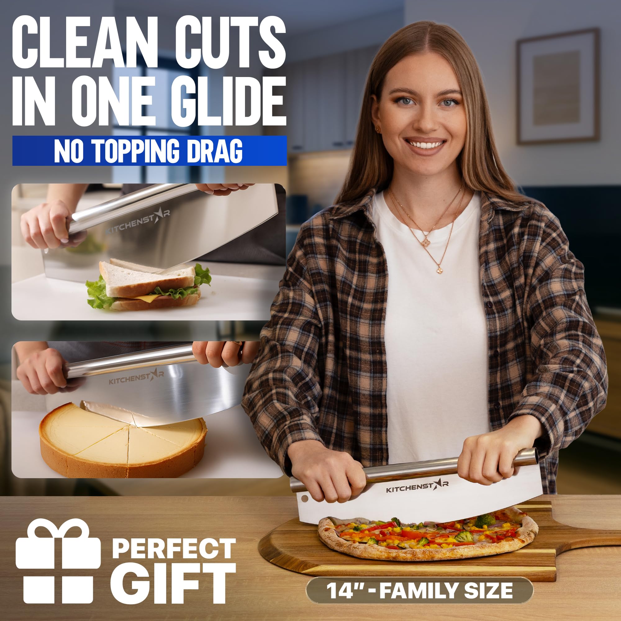 KitchenStar stainless-steel pizza slicer: durable, rust-resistant edge for long-lasting performance.