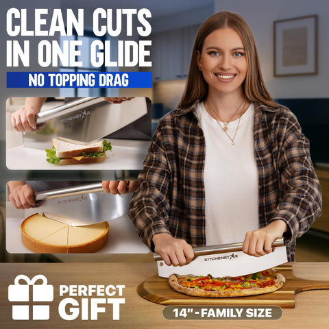 KitchenStar stainless-steel pizza slicer: durable, rust-resistant edge for long-lasting performance.