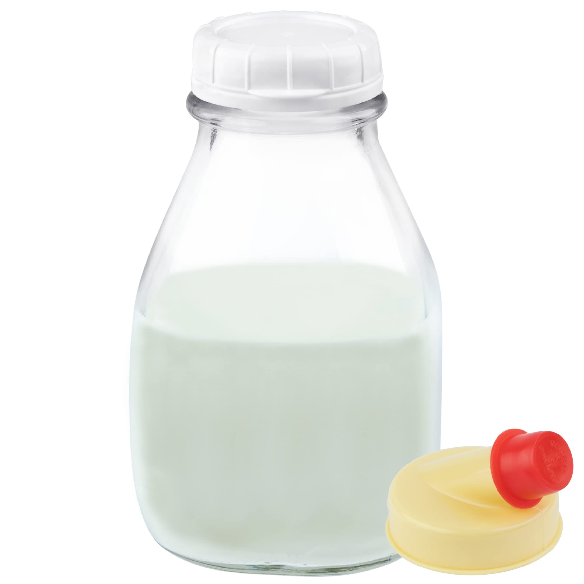 Kitchentoolz 16 oz glass milk bottle with lid and pour spout for easy pouring.