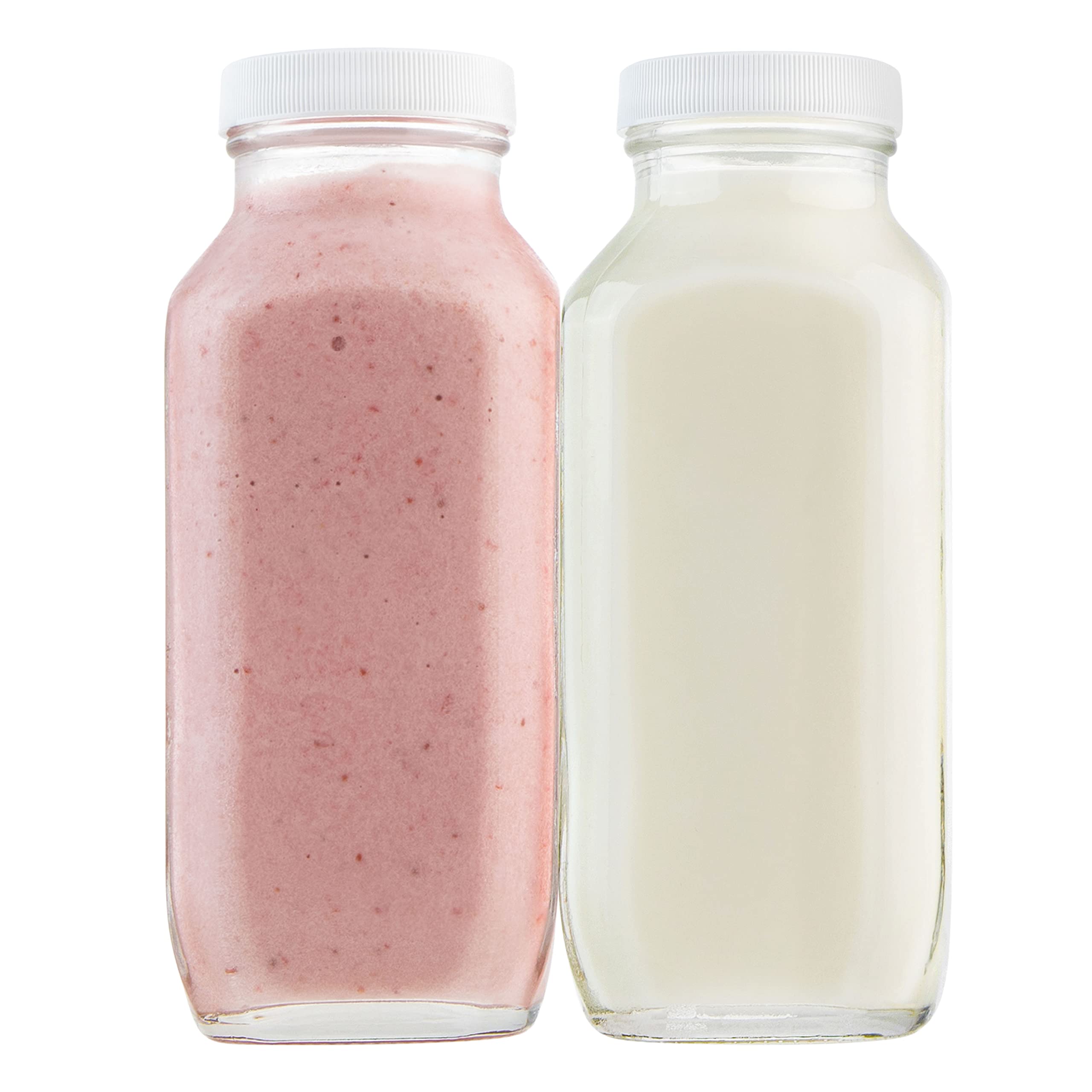 Kitchentoolz 16oz square glass bottle with lid, front view, ideal for milk storage.