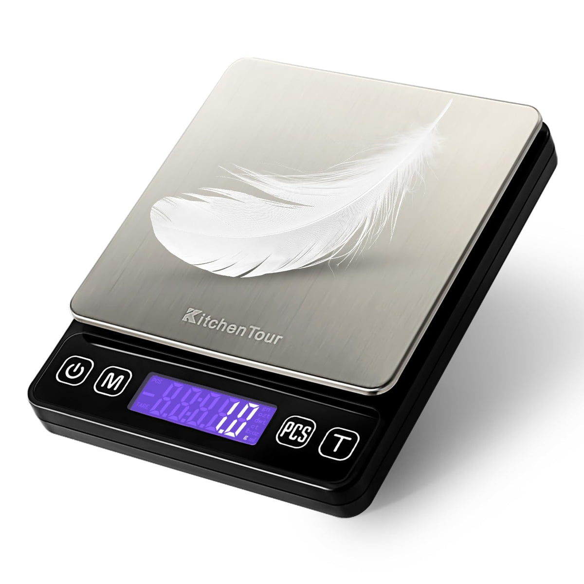 Kitchentour digital scale front display with back-lit readout for precise measurements.