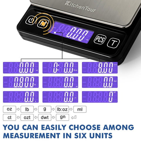 Kitchentour scale tare function in use with a bowl for multiple ingredients.