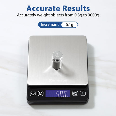 Kitchentour scale shows multiple units for versatile cooking.