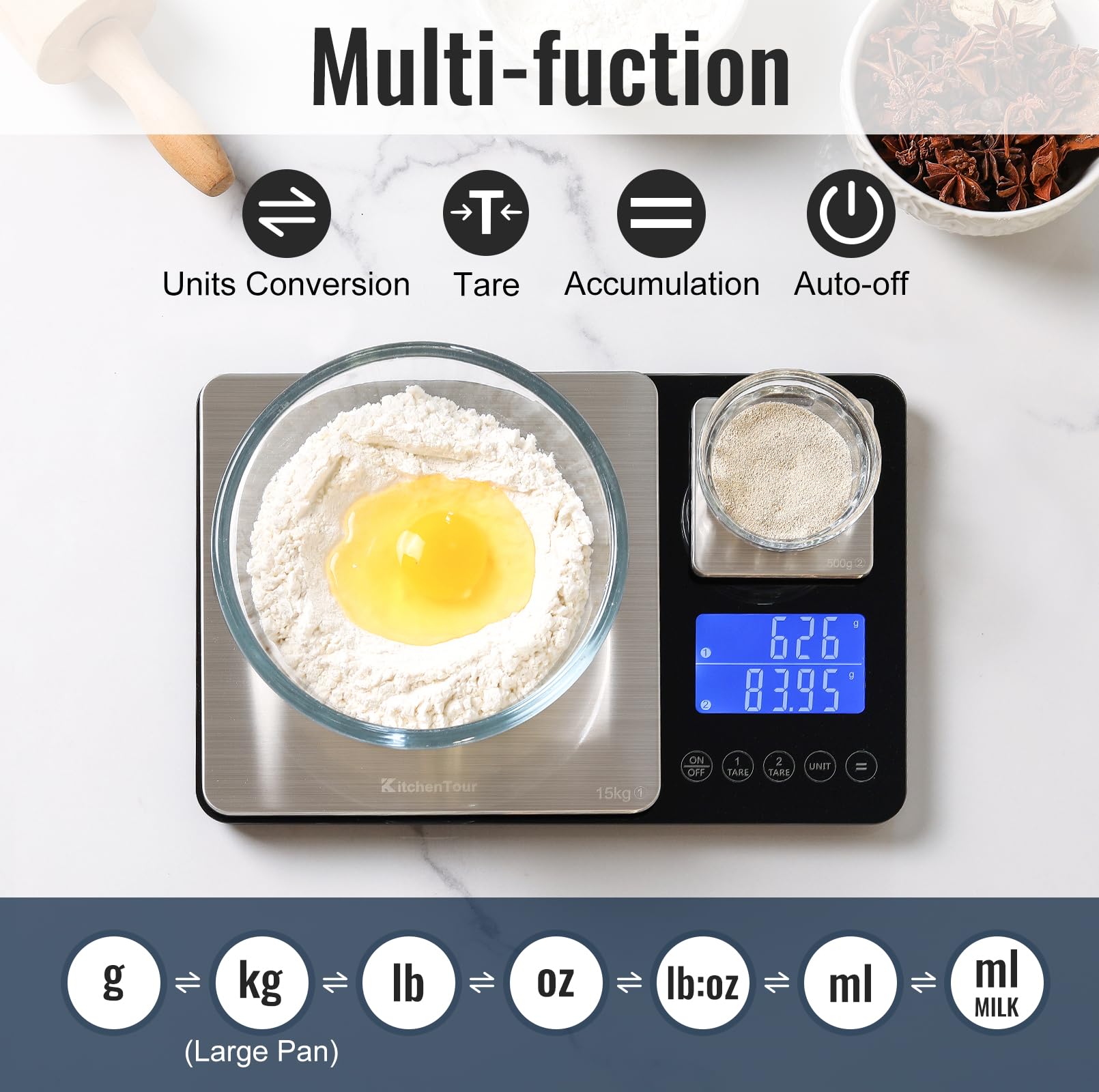 KitchenTour dual platform scale backlit display for easy reading in dim light.