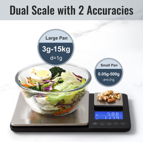 KitchenTour dual platform scale small platform measures 500 g with 0.01 g precision.