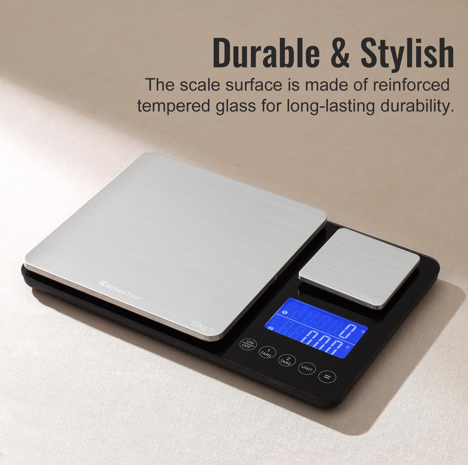 KitchenTour dual platform scale stainless steel surface is durable and easy to wipe.