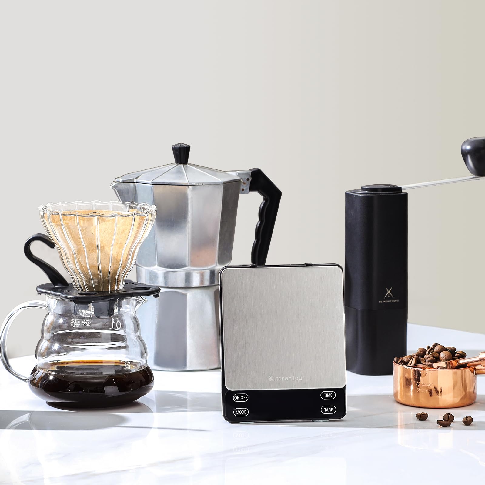 KitchenTour Nano Coffee Scale back-lit LCD makes readings clear in dim kitchens.