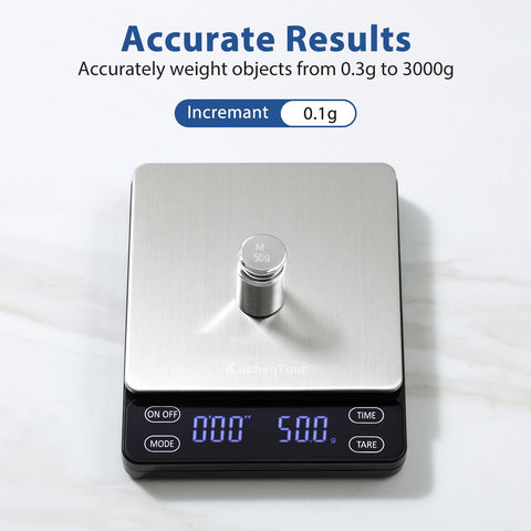 KitchenTour Nano Coffee Scale digital display enables easy monitoring during pour-over.