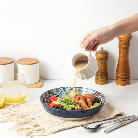 KitchenTour wide shallow ceramic bowl highlights 30 oz capacity for hearty servings.