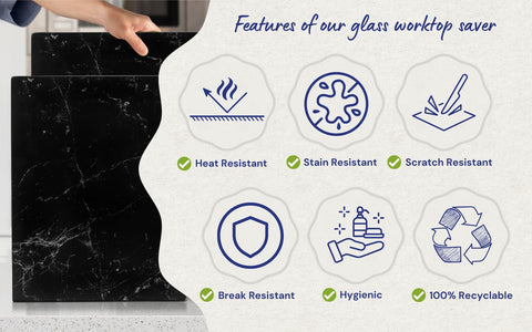 Kitchenville tempered glass counter protector resists heat up to 500°F, protecting surfaces.