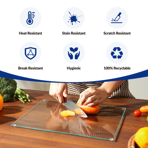 Kitchenville tempered glass image highlighting scratch resistance for daily chopping.