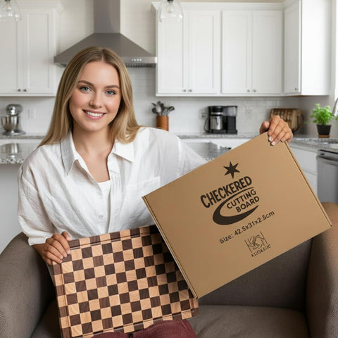 Kitchletic Checkered Cutting Board natural grain adds elegant presentation.