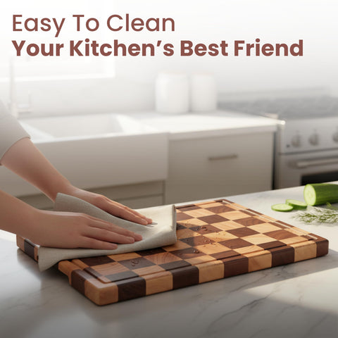 Kitchletic Checkered Cutting Board emphasizes durable construction and easy cleaning.