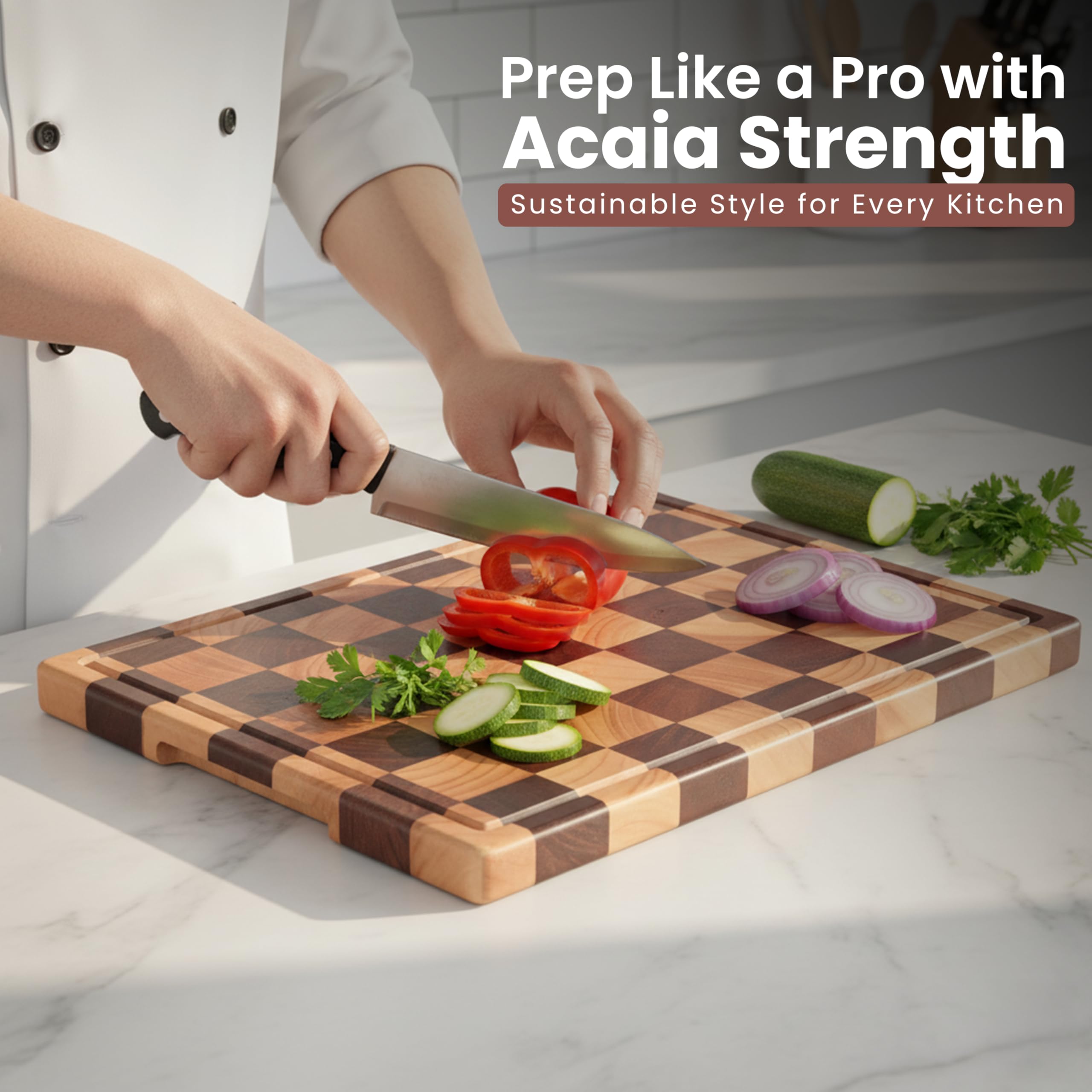 Kitchletic Checkered Cutting Board showcases acacia wood grain and knife-friendly surface.