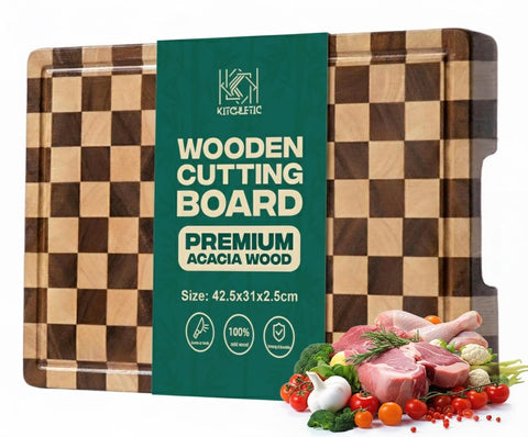 Kitchletic Checkered Cutting Board wooden surface for durable daily prep.