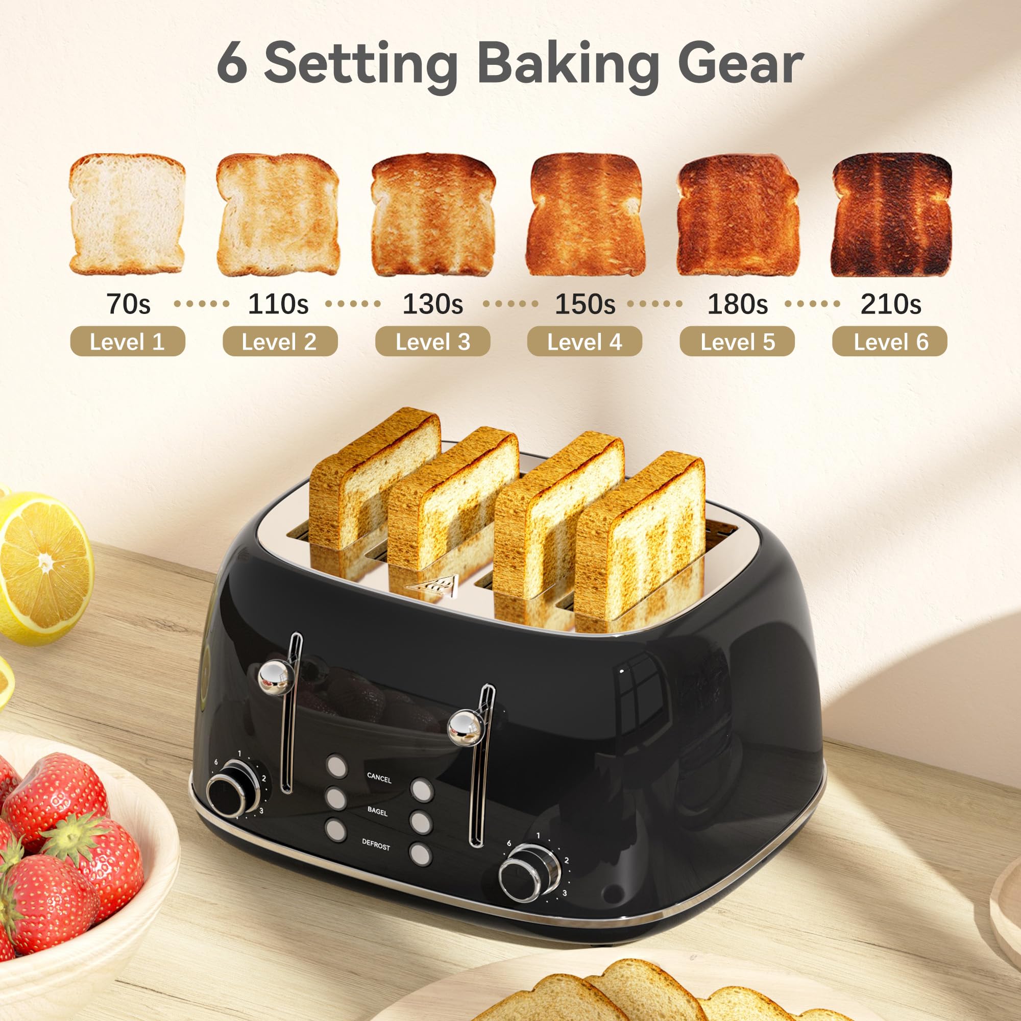 KITCHMIX Toaster 4 Slice defrost and reheat functions streamline mornings.