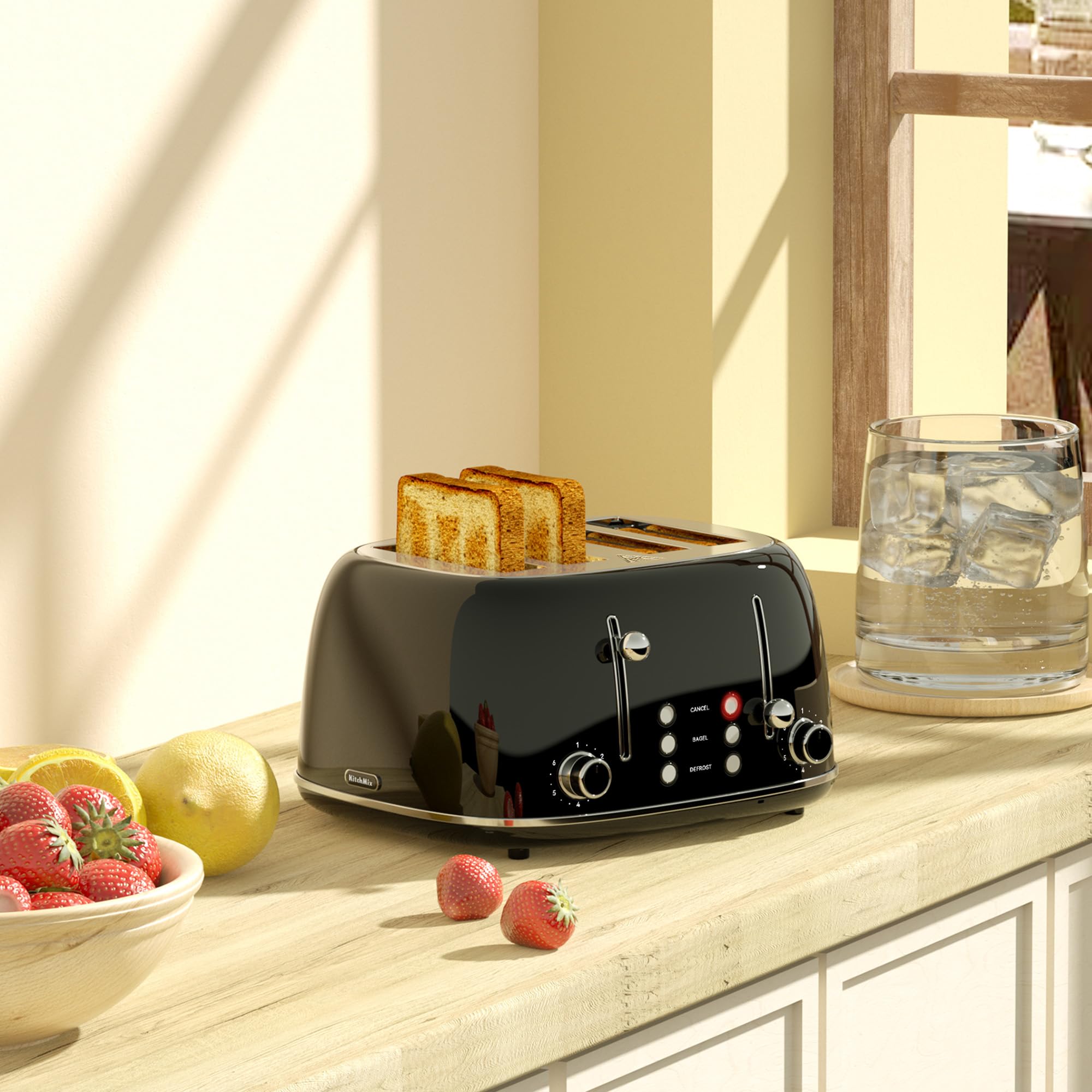 KITCHMIX Toaster 4 Slice black finish complements modern and retro decor.