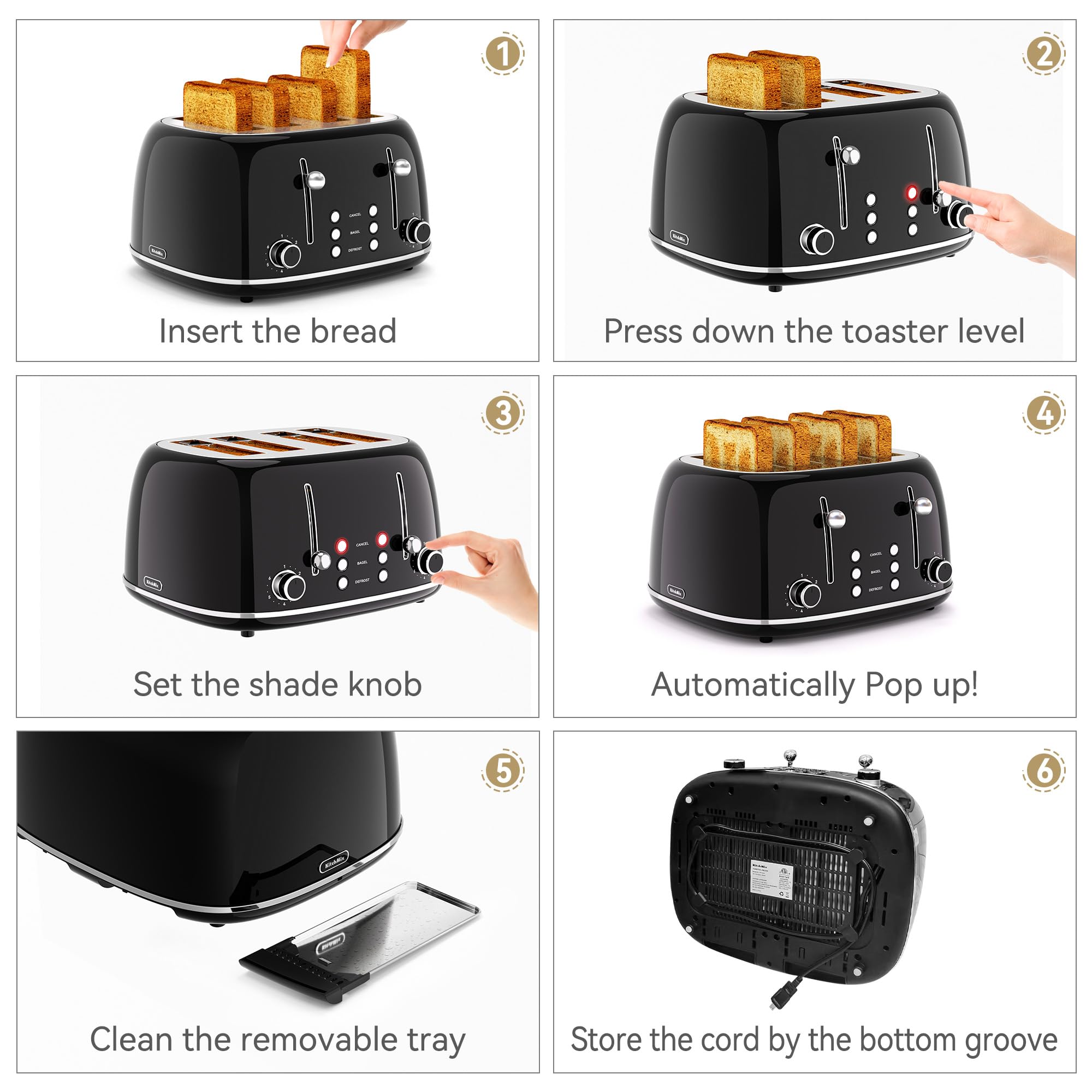 KITCHMIX Toaster 4 Slice removable crumb tray for easier cleaning.