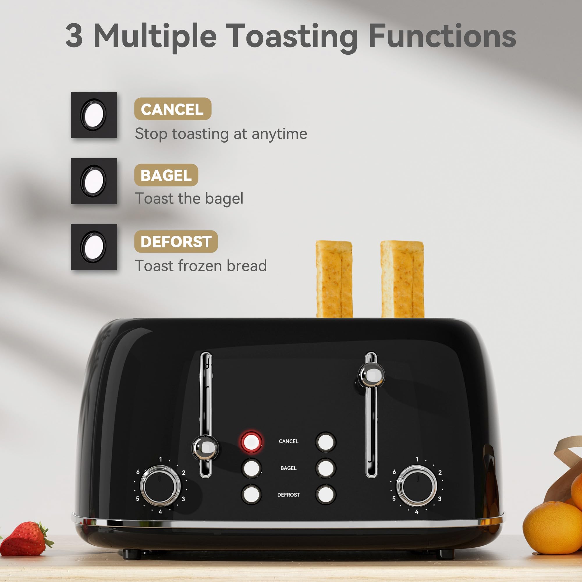 KITCHMIX Toaster 4 Slice wide slots ideal for bagels and thick slices.