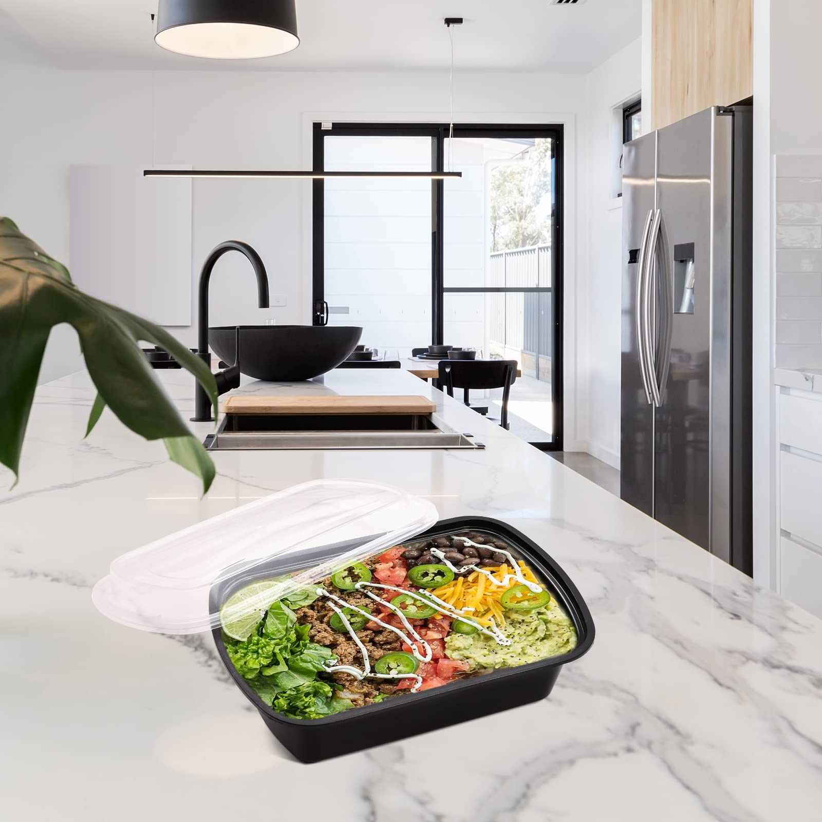 Kitch’nMore stackable meal prep container saves space on shelves.