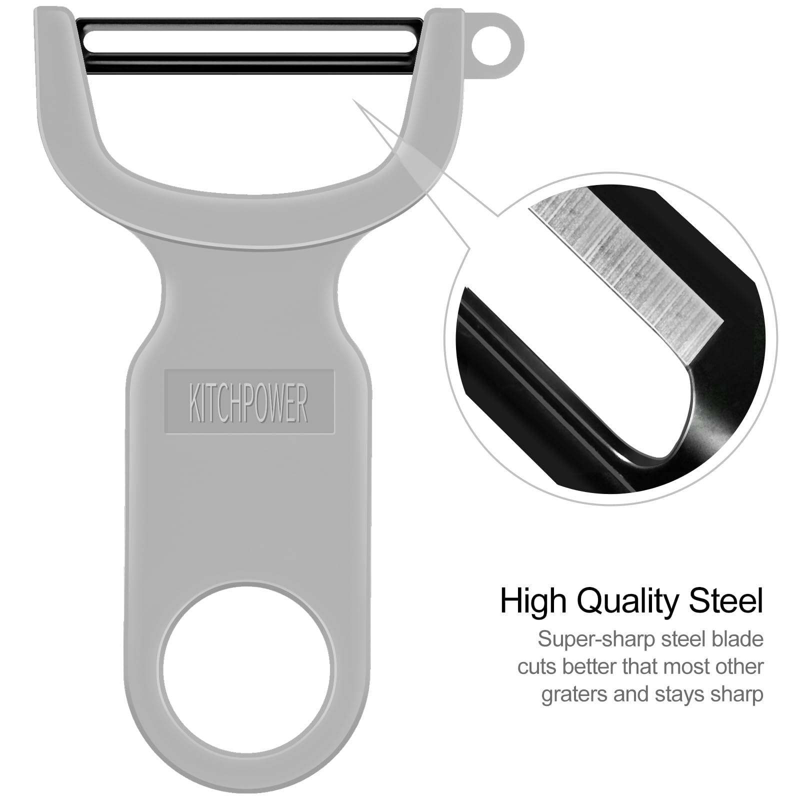 KITCHPOWER peeler peeling carrot showing versatile produce use
