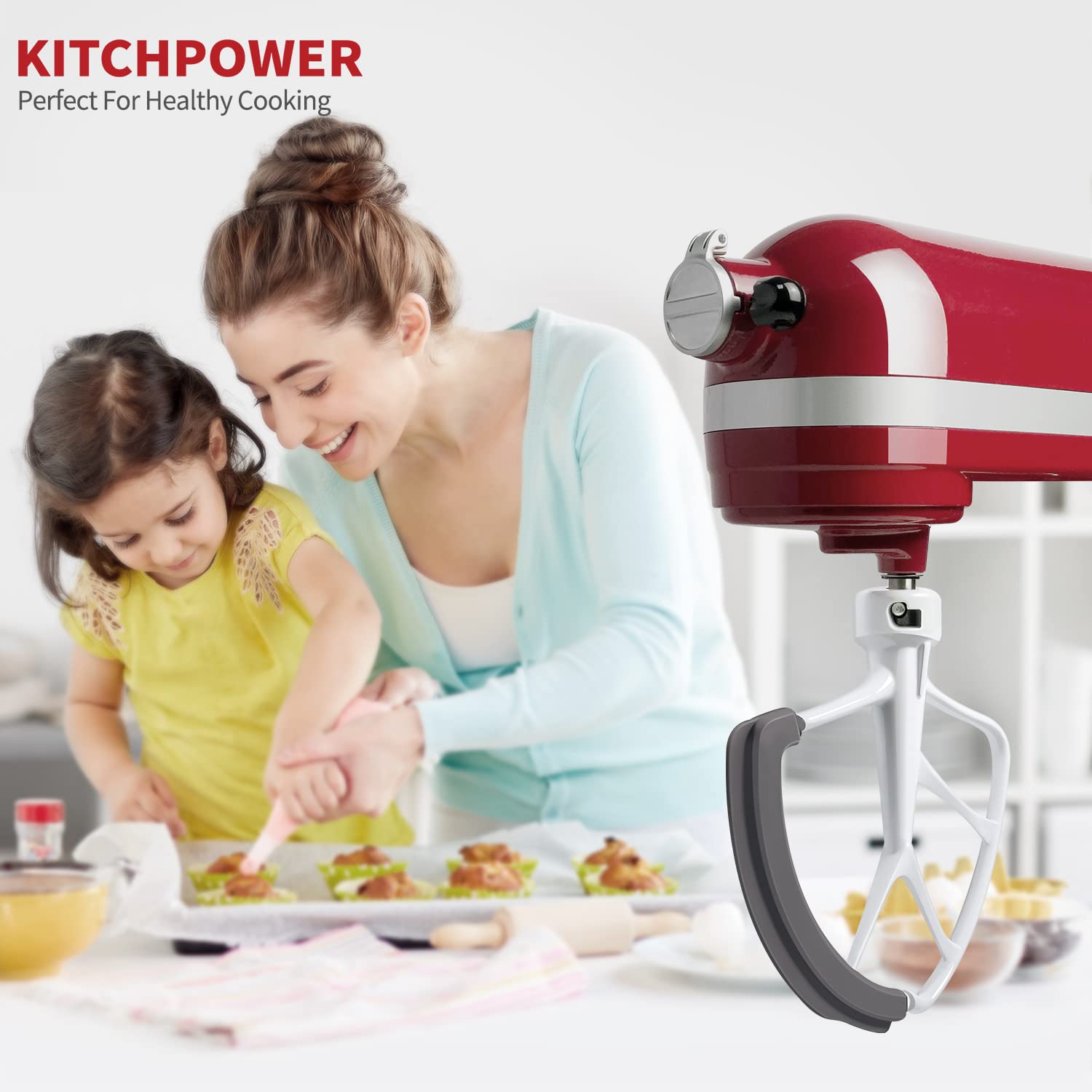 KITCHPOWER paddle attachment reduces batter buildup for quick, thorough blending.