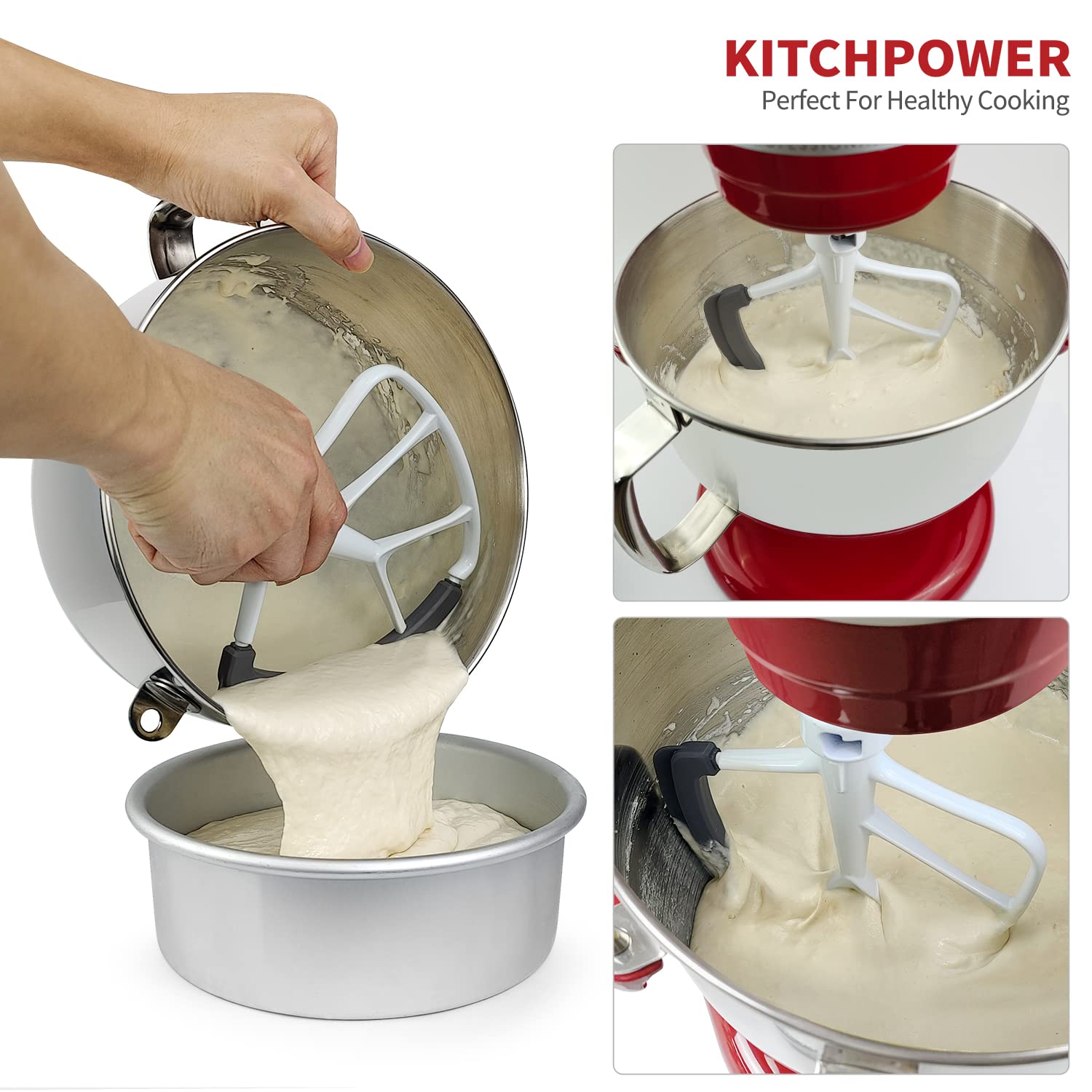 KITCHPOWER 6-quart flex edge beater scraping bottom and sides with a flexible silicone edge.